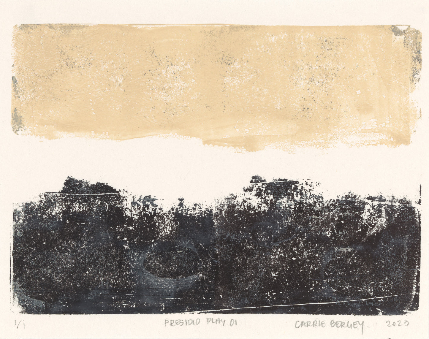 Presidio Play 01 by Carrie Bergey, abstract monoprint with bold black and beige blocks. Limited edition fine art print for contemporary spaces.