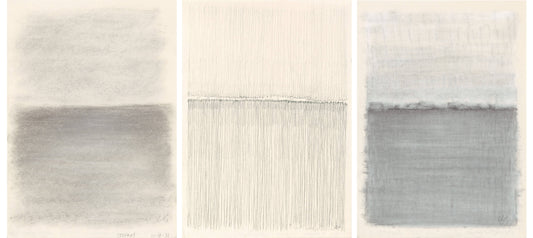 Vista 02-04-05 Original Fine Art Drawings Triptych Collection by Carrie Bergey displayed in a minimalist living space with two modern cream chairs.