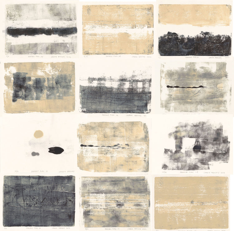 Abstract mixed-media art suite featuring textured beige and black compositions by Carrie Bergey