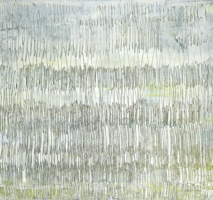 Minimalist abstract artwork with soft horizontal lines in a hazy gradient. Carrie Bergey