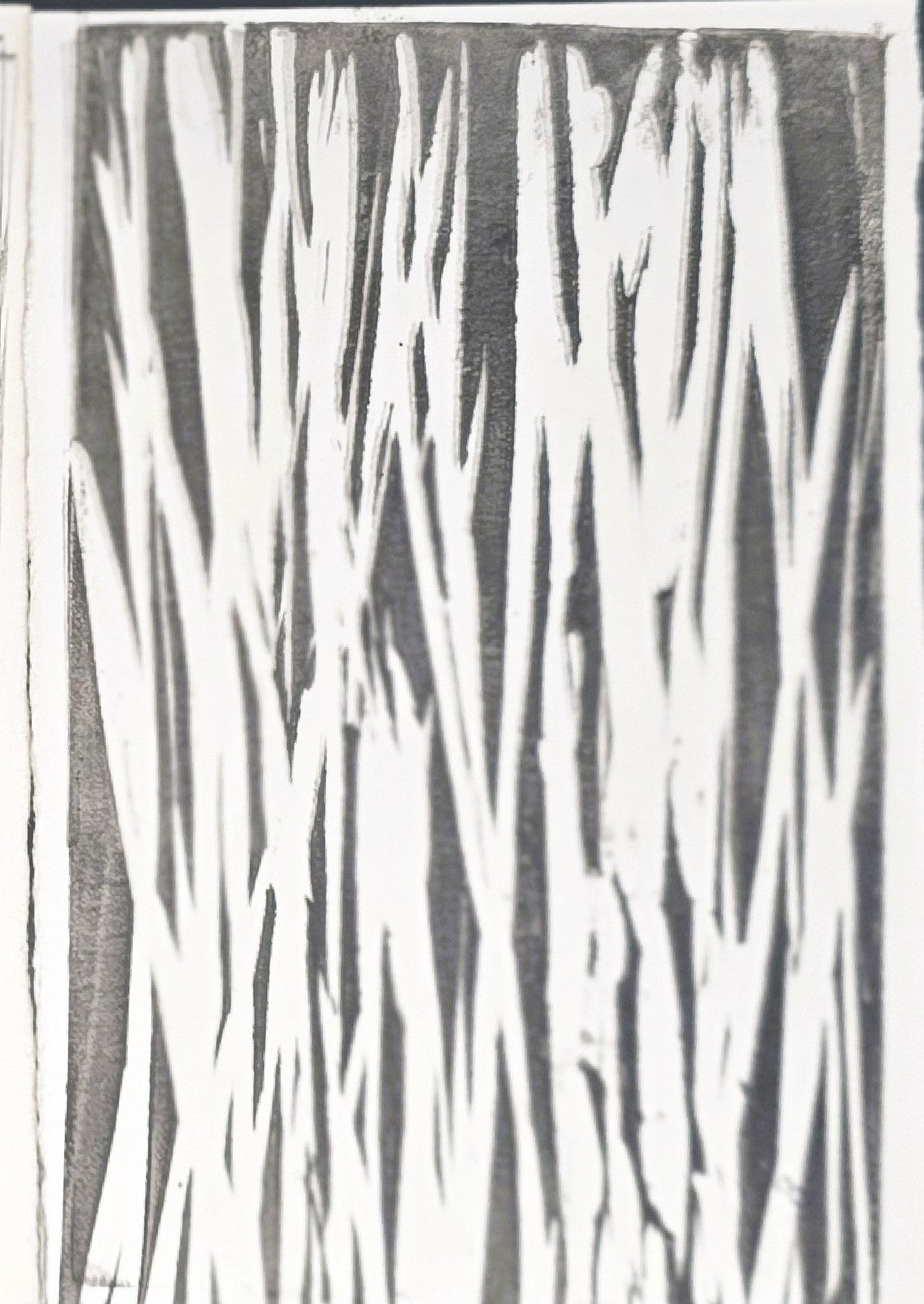 Abstract black and white monoprint with jagged vertical streaks.