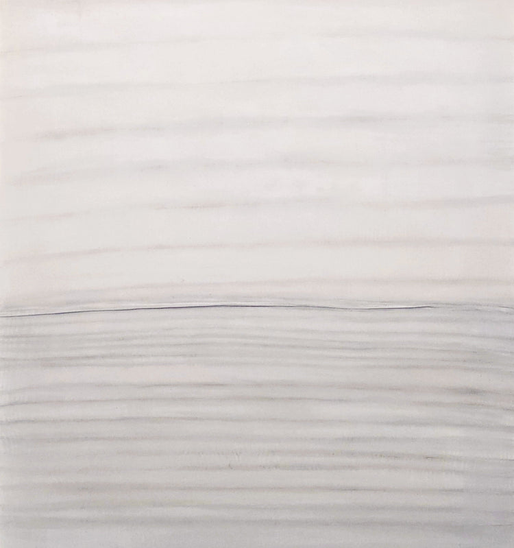 This artwork features a minimalist composition with soft horizontal lines in muted tones of white, gray, and beige. Original Fine Art All | Carrie Bergey