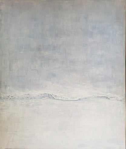 Wide view of Restorative Roller Original Fine Art Painting by Carrie Bergey showcasing layered textures and cool tones evoking oceanic renewal and peace.