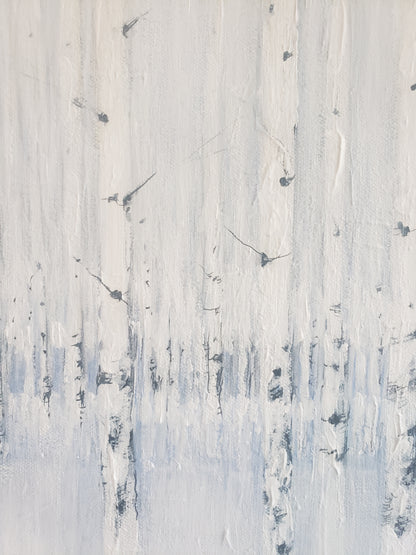Upper section of Sea of Aspen Original Fine Art Painting captures delicate tree branches and soft gradients in white and grey acrylic.