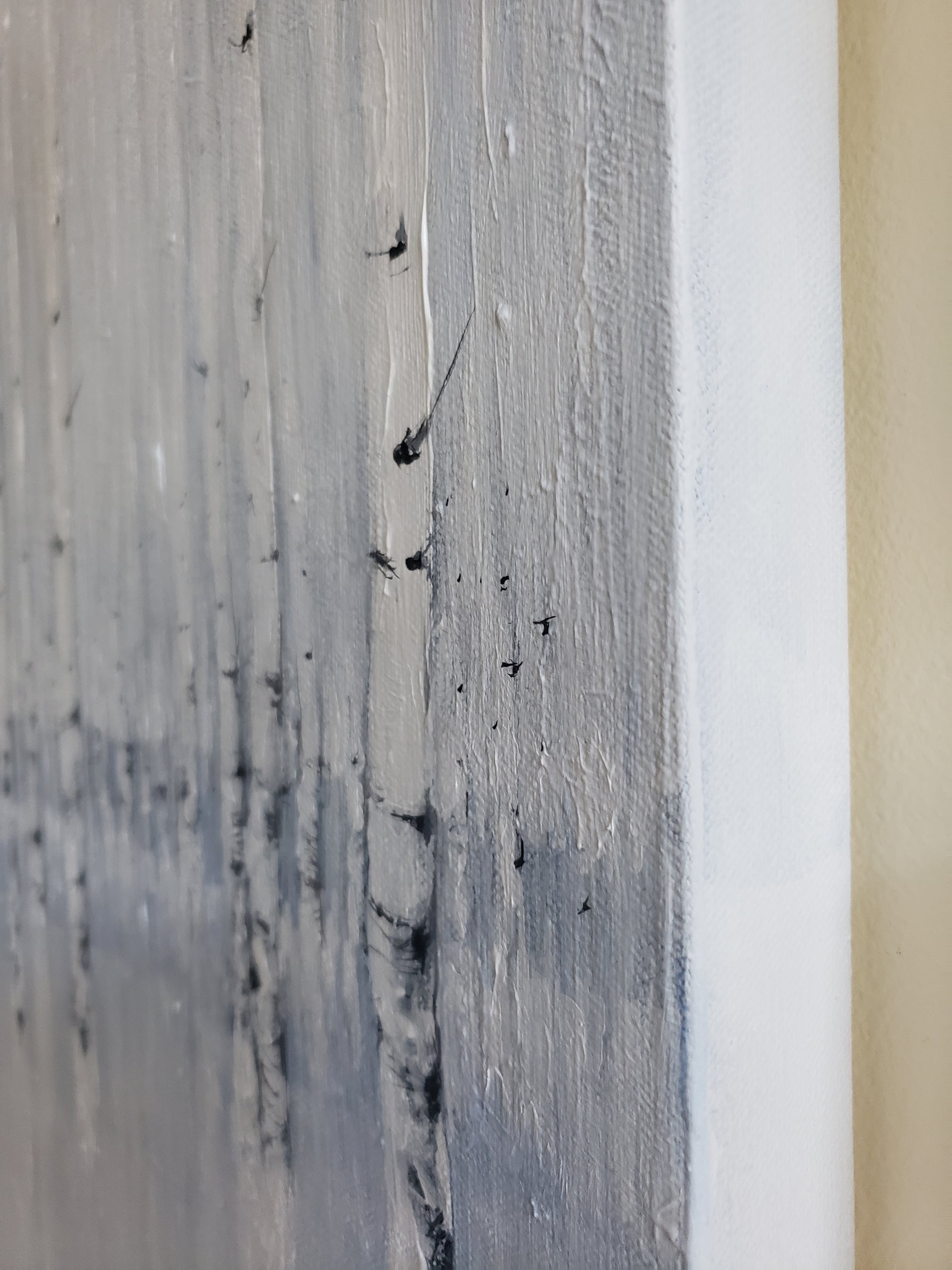 Close-up of Sea of Aspen Original Fine Art Painting shows textured acrylic brushstrokes and detailed tree bark in monochrome hues.