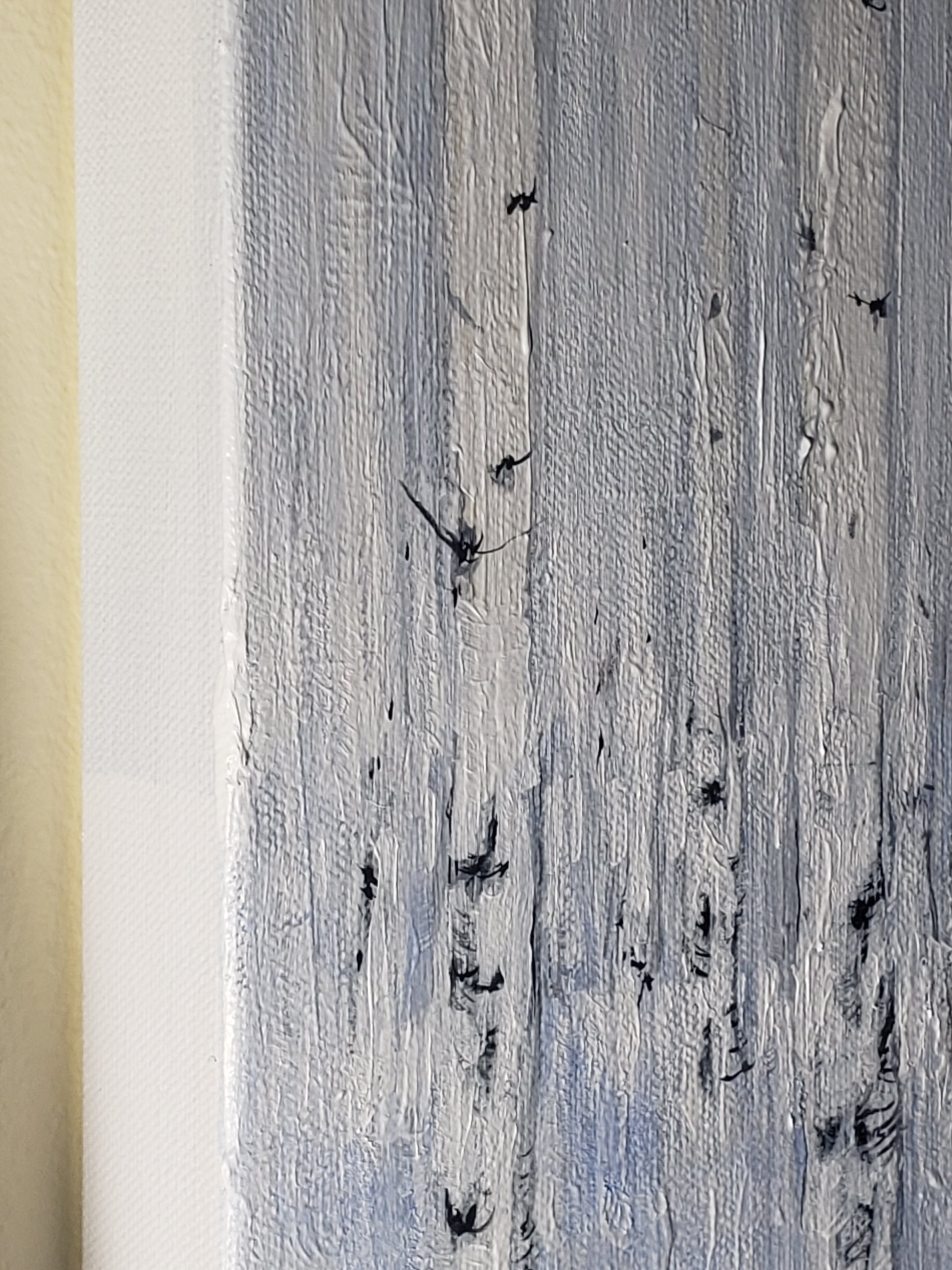 Detailed view of Sea of Aspen Original Fine Art Painting reveals layered paint texture and subtle tonal variations in the tree trunks.