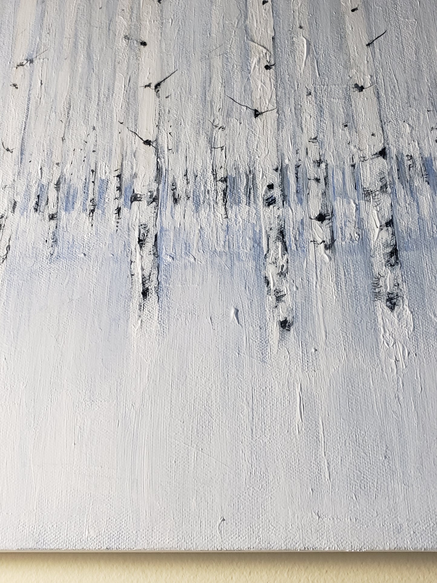 Lower section of Sea of Aspen Original Fine Art Painting displays textured snow-like surface and vertical tree forms in cool tones.