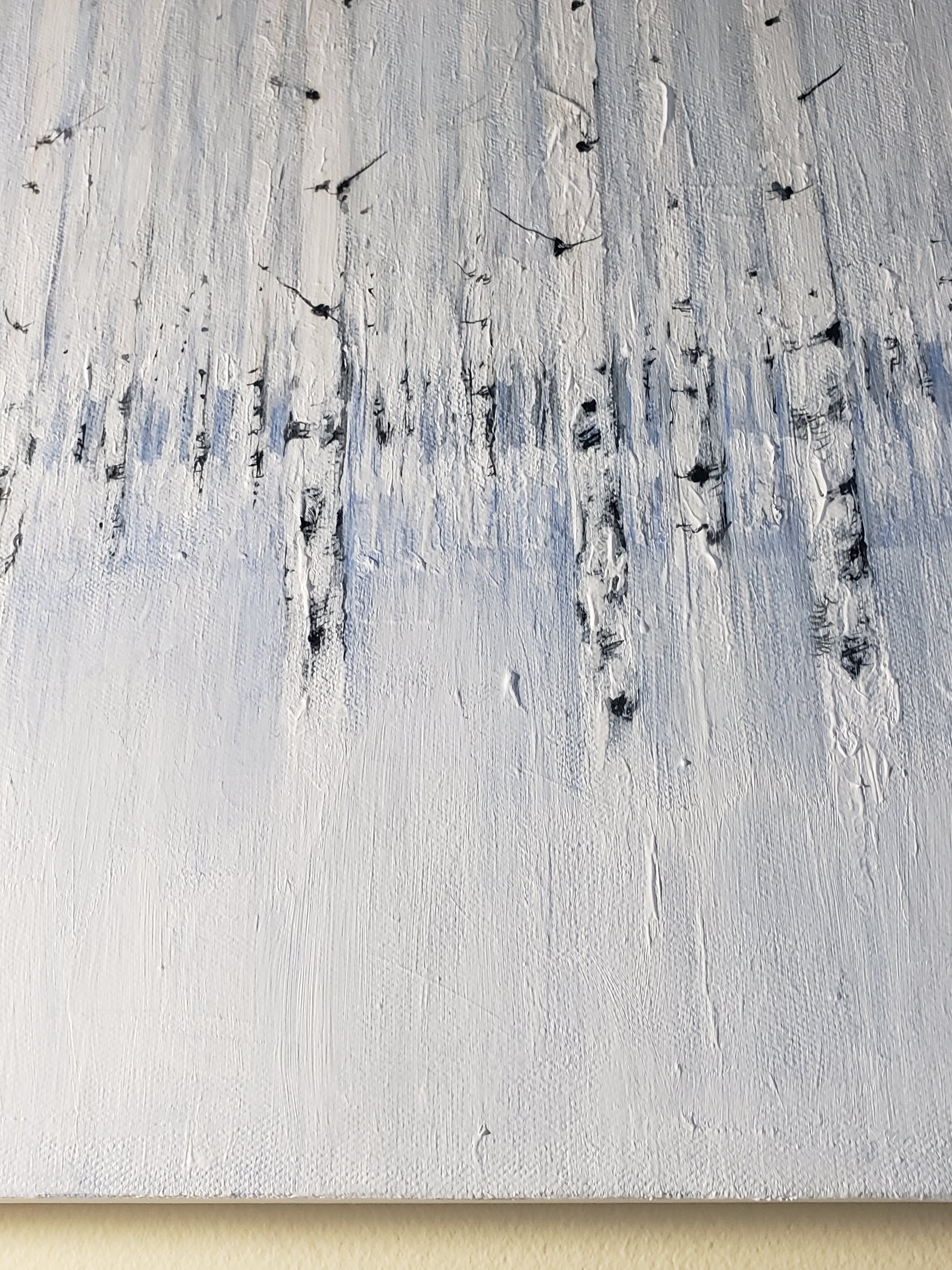 Lower section of Sea of Aspen Original Fine Art Painting displays textured snow-like surface and vertical tree forms in cool tones.