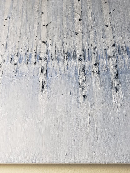 Lower section of Sea of Aspen Original Fine Art Painting displays textured snow-like surface and vertical tree forms in cool tones.