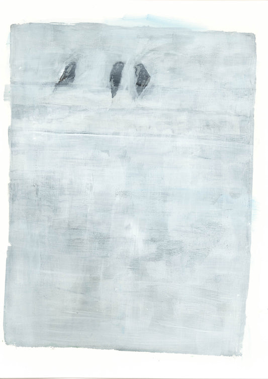 Birds On A Wire Original Fine Art Monoprint by Carrie Bergey featuring three silhouetted birds on a soft blue-gray background in acrylic monoprint style.