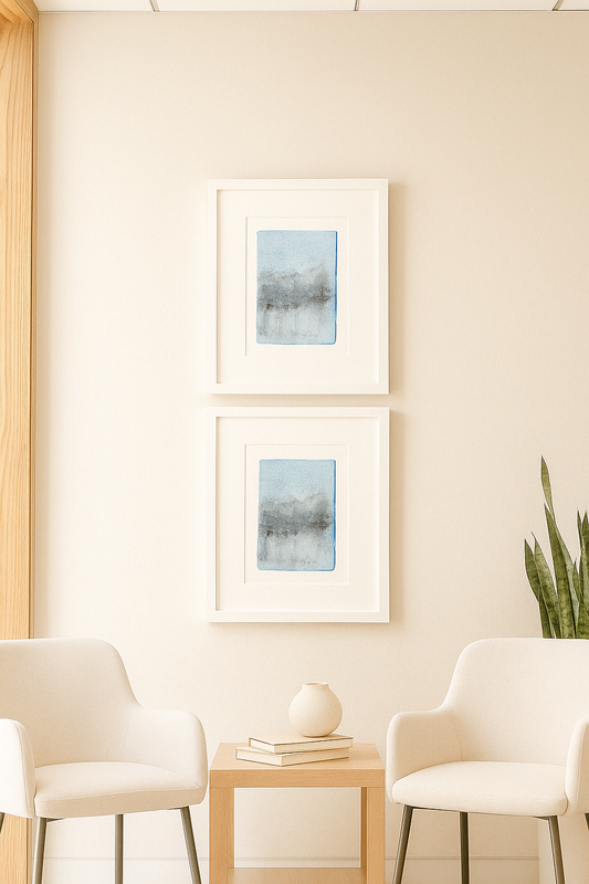 Presidio Dusk Original Fine Art Monoprint Diptych Collection displayed above a modern gray sofa in a neutral-toned living room. Ideal for contemporary home decor.