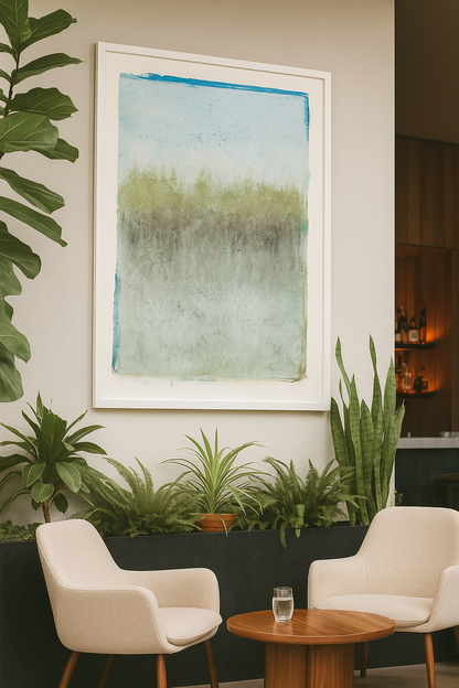 Presidio Dawn Art - Carrie Bergey Fine Monoprint | Painting displayed in a modern living space, enhancing the room with calming natural tones and elegance.