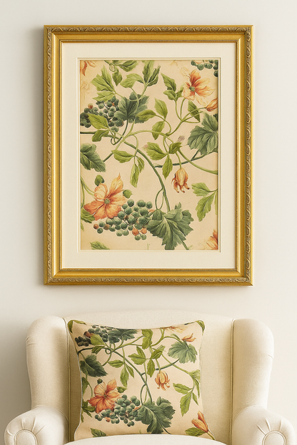 Framed Vintage Fabric Original Fine Art Painting by Carrie Bergey displayed above a chair with matching pillow, perfect for elegant home decor settings.