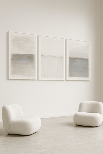 Vista 02-04-05 Original Fine Art Drawings Triptych Collection by Carrie Bergey displayed in a minimalist living space with two modern cream chairs.
