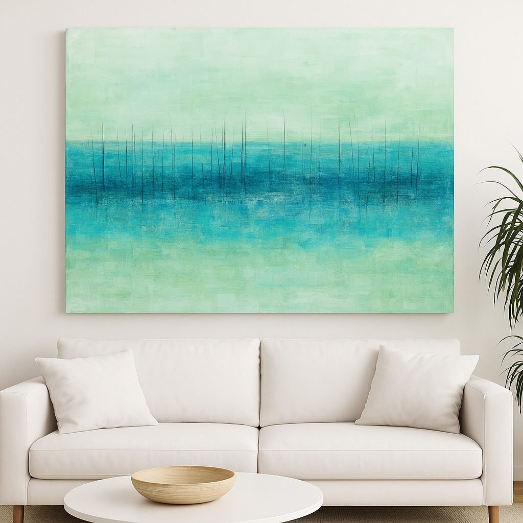 Large Marina Midday Fine Art Monoprint by Carrie Bergey displayed above a white sofa, showcasing tranquil sea-inspired hues for contemporary home decor.
