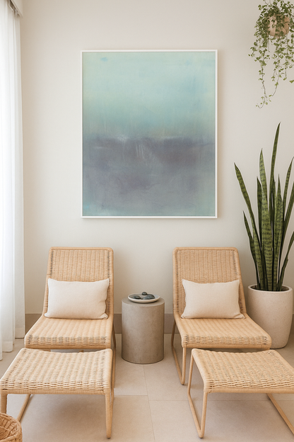 Maui 09 Original Fine Art Painting by Carrie Bergey displayed in a modern living space with neutral wicker chairs and indoor plants. Acrylic artwork in black, purple, and green hues enhances home decor.