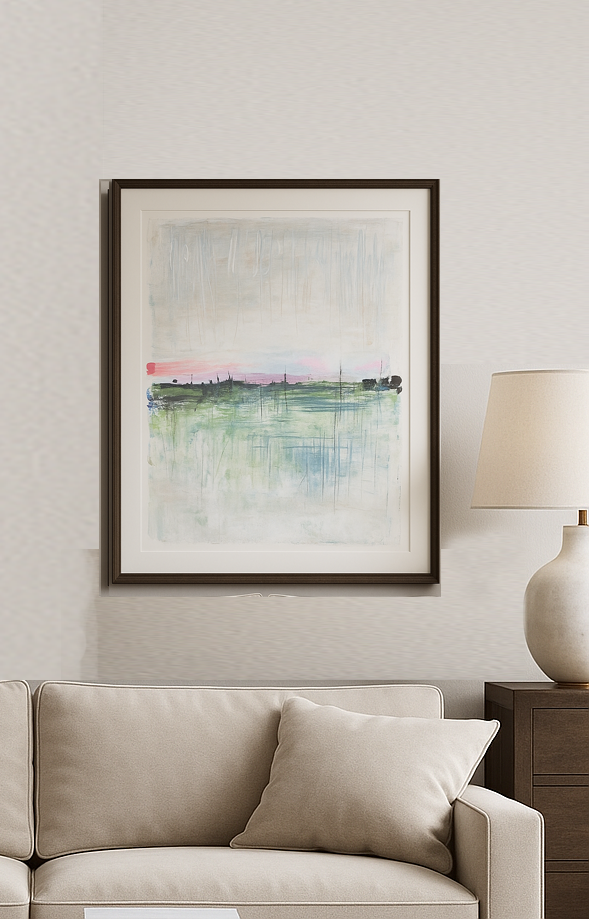 Framed Morning Marina original fine art painting by Carrie Bergey displayed in a modern living room, enhancing home decor with tranquil abstract tones.