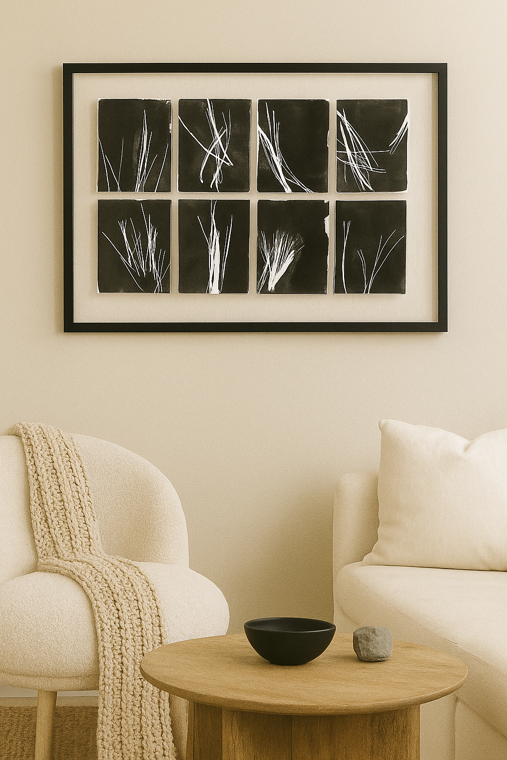 Pine Needles Monoprint Octaptych by Carrie Bergey displayed in a cozy living room, enhancing modern home decor with forest-inspired artwork.