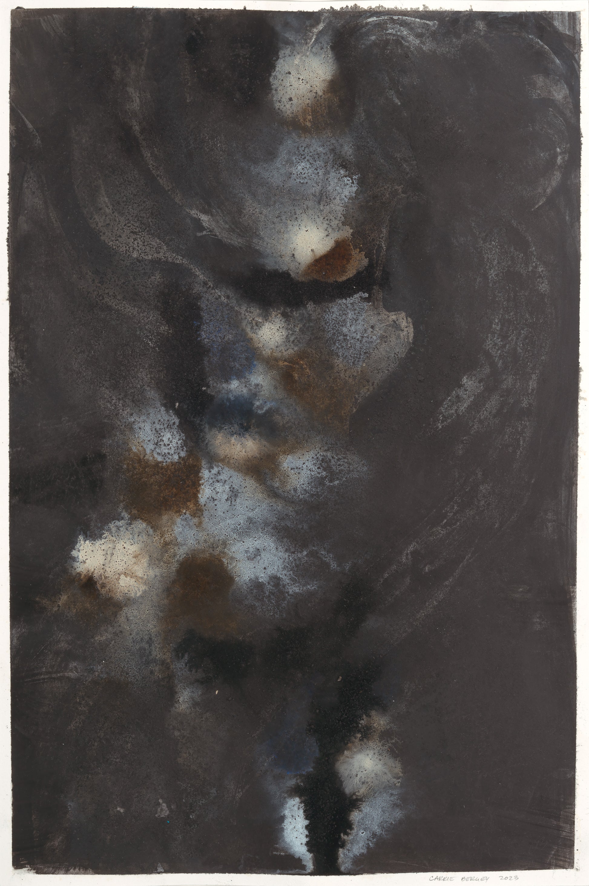 Cosmos Original Fine Art Painting by Carrie Bergey features swirling celestial forms in dark tones with hints of blue, white, and rust. Acrylic artwork ideal for modern home decor.