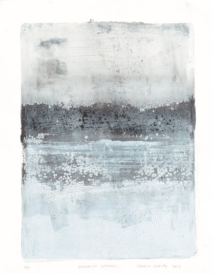 Close-up of Endemicos Cozumel monoprint by Carrie Bergey, highlighting intricate textures and layered natural hues.