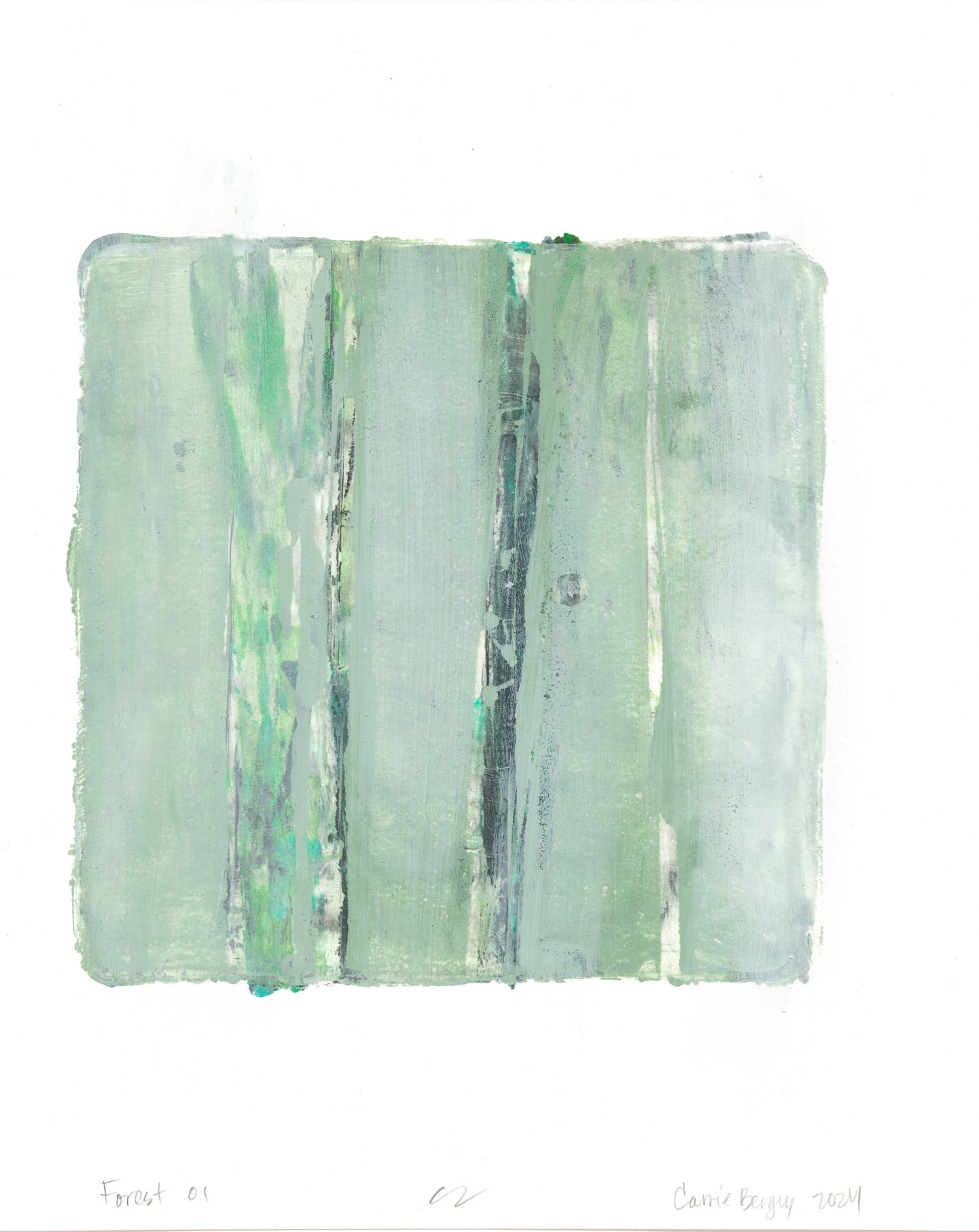 Forest 01 from Carrie Bergey's Forest Original Fine Art Monoprint Triptych Collection, featuring layered green and gray vertical strokes evoking tranquil woodland scenes.