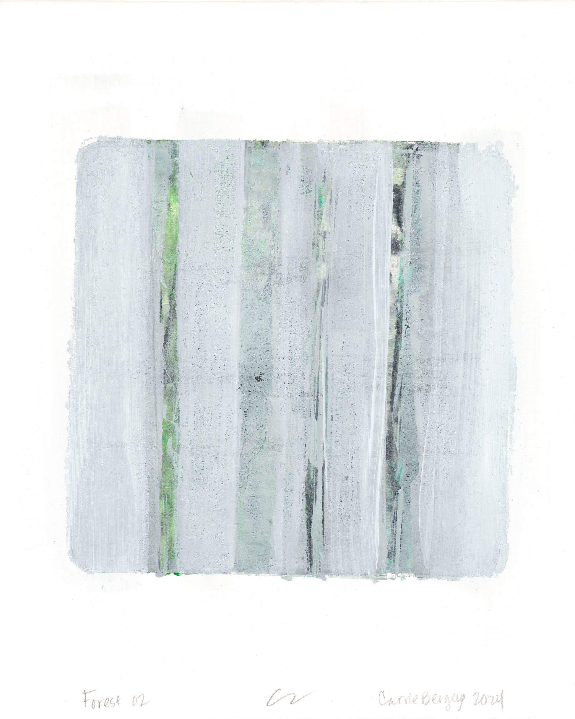 Forest 02 from Carrie Bergey's Forest Original Fine Art Monoprint Triptych Collection, showcasing pale gray vertical lines with subtle green accents for a calming forest aesthetic.
