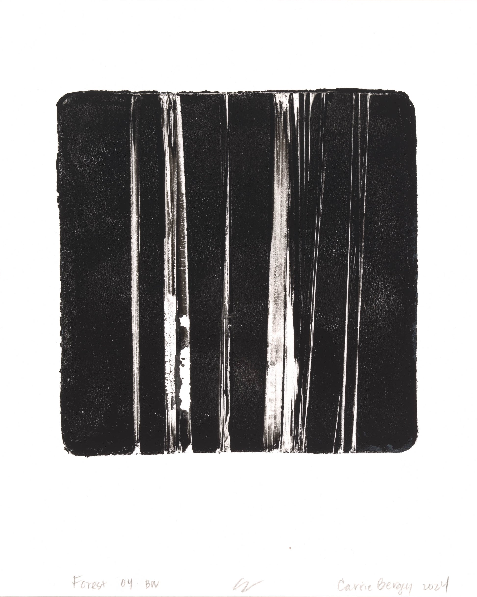 Forest 04 BW from the Forest 04-05 Original Fine Art Monoprint Diptych by Carrie Bergey, showcasing bold monochrome vertical brushstrokes.