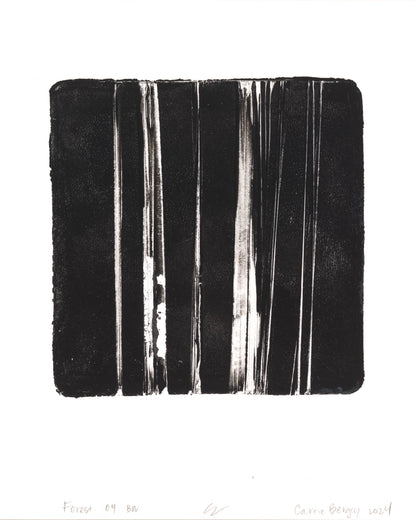 Forest 04 BW from the Forest 04-05 Original Fine Art Monoprint Diptych by Carrie Bergey, showcasing bold monochrome vertical brushstrokes.