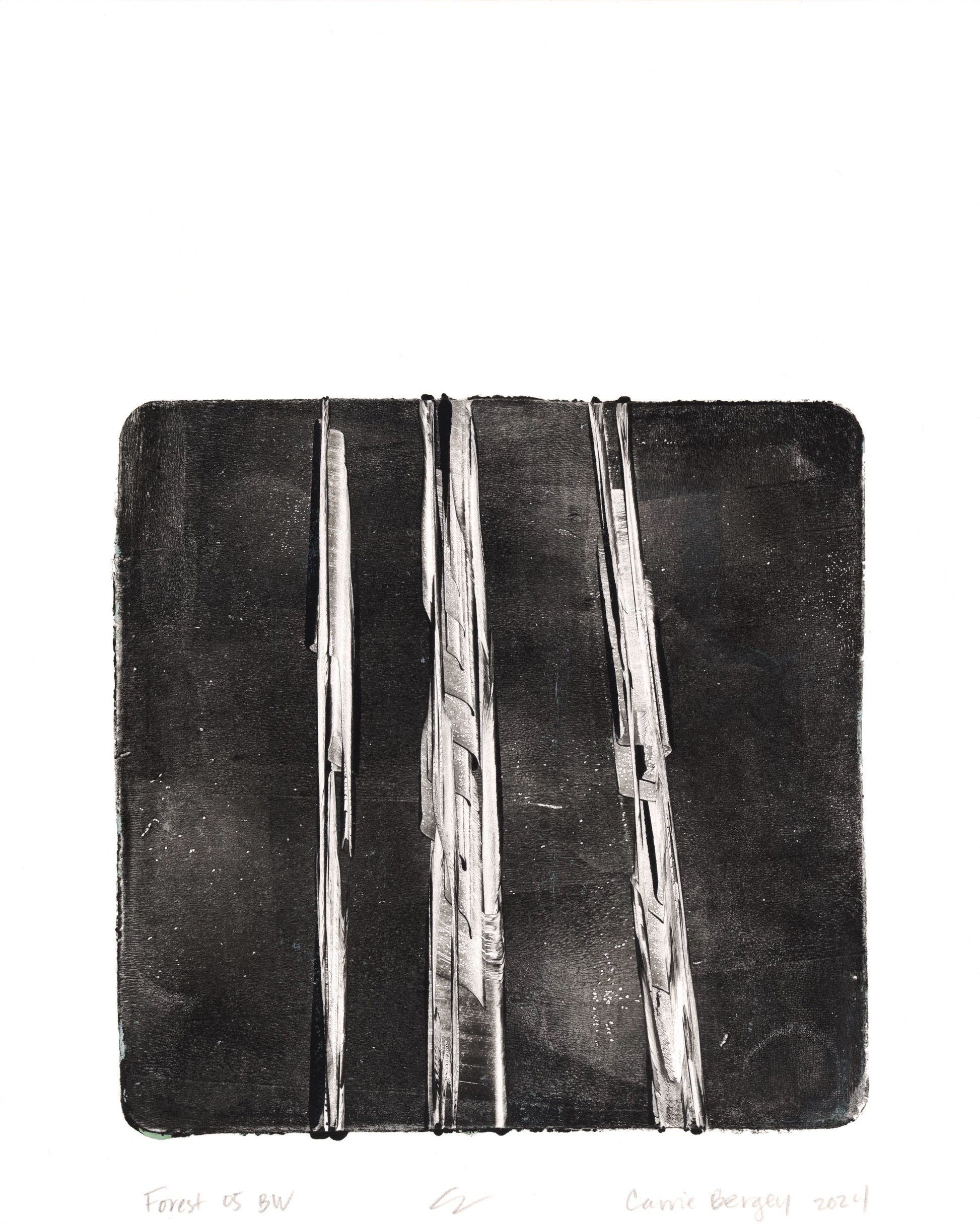 Forest 05 BW from the Original Fine Art Monoprint Diptych Collection by Carrie Bergey, featuring abstract vertical lines in black and white.