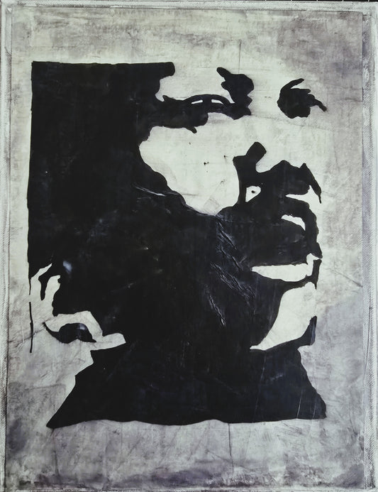 Jimmy Hendrix Original Fine Art Painting by Carrie Bergey features a bold black silhouette portrait on textured canvas. A striking tribute to rock legend.