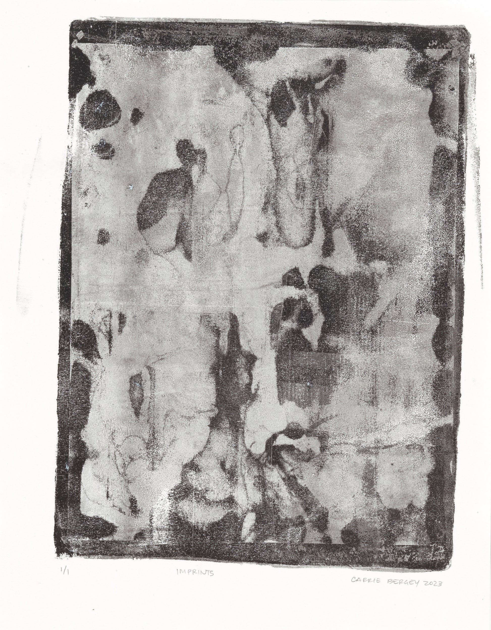 Imprints Original Fine Art Monoprint by Carrie Bergey features abstract organic textures in black and white, evoking memory and nature interplay.