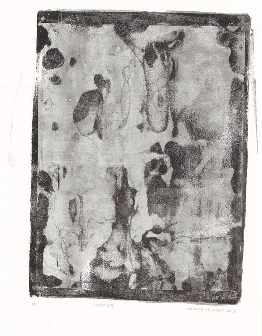 Imprints Original Fine Art Monoprint by Carrie Bergey features abstract organic textures in black and white, evoking memory and nature interplay.