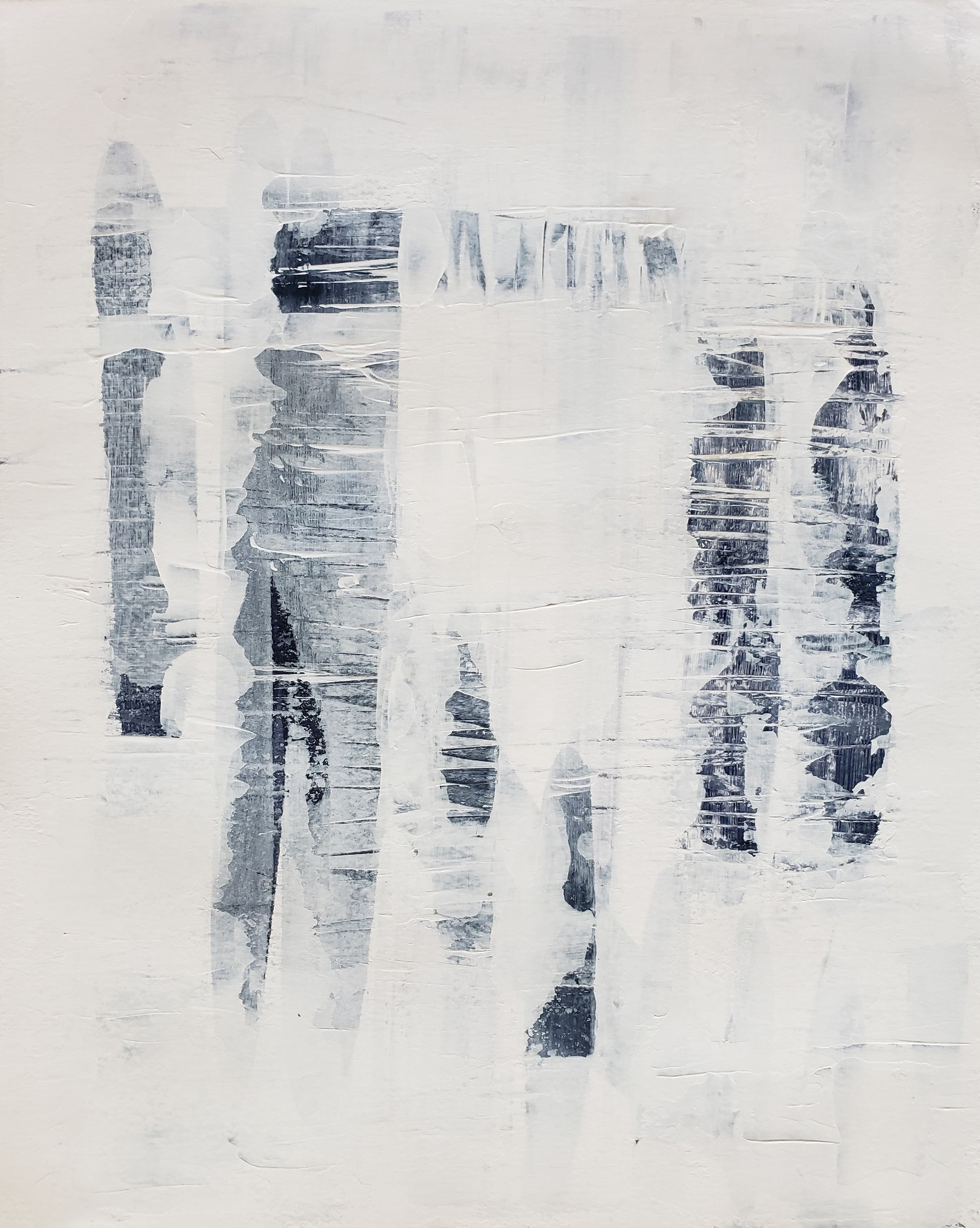 Textured abstract artwork from Carrie Bergey's Independence Hexaptych Collection, showcasing vertical brush patterns in soft monochrome tones for modern interiors.
