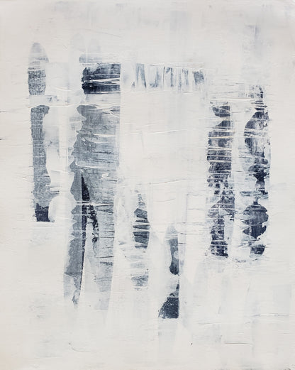 Textured abstract artwork from Carrie Bergey's Independence Hexaptych Collection, showcasing vertical brush patterns in soft monochrome tones for modern interiors.
