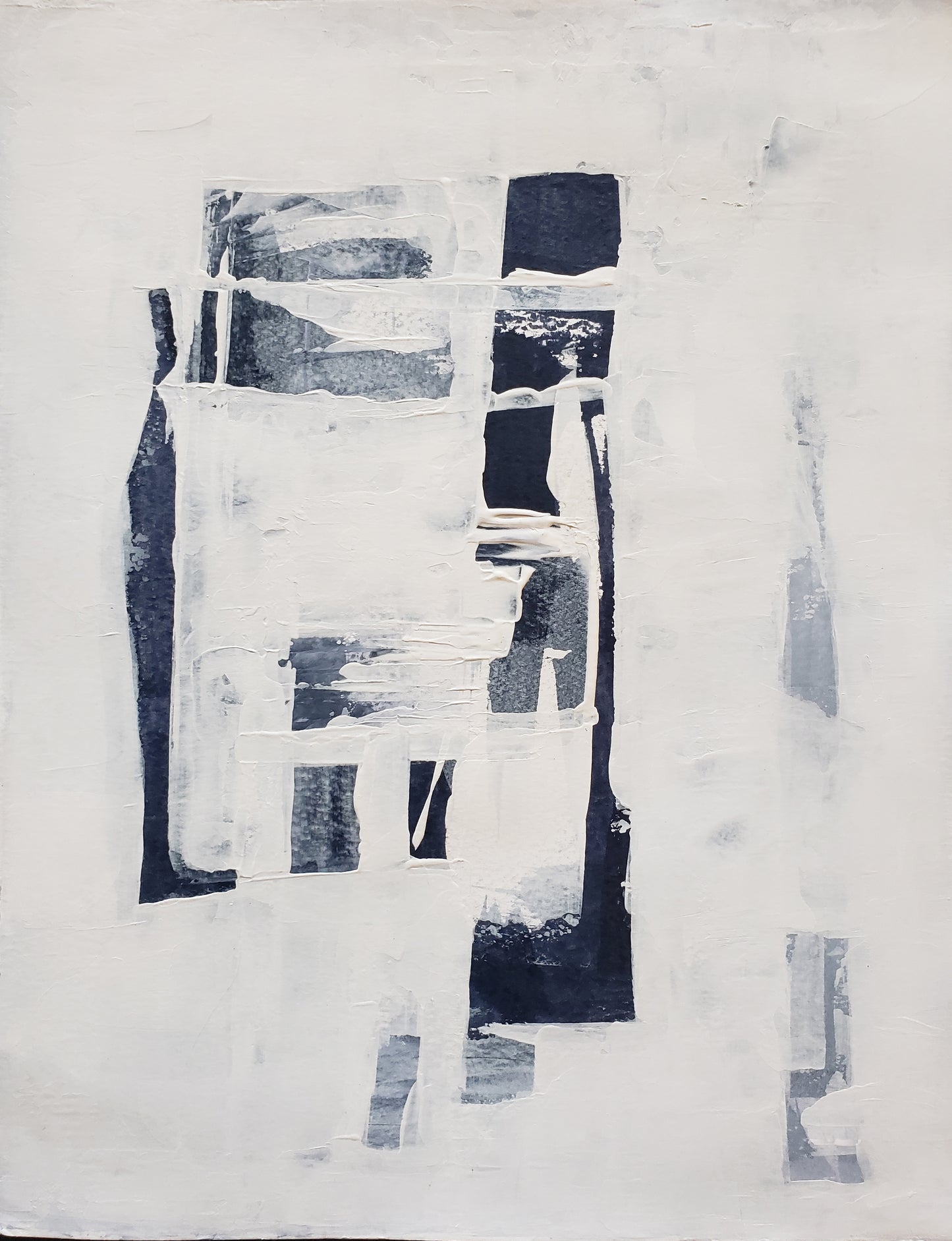 Geometric abstract painting from the Independence Series by Carrie Bergey, with bold navy and white contrasts representing self-empowerment and structure.