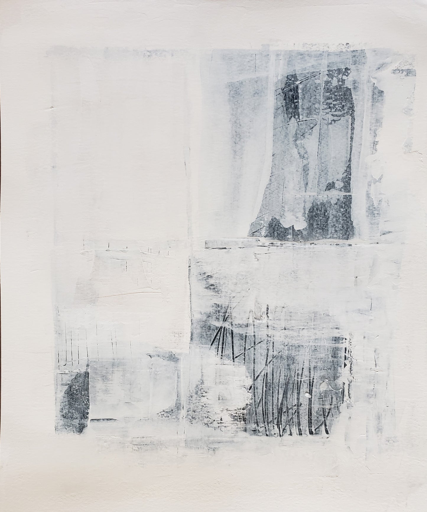 Minimalist abstract painting from Carrie Bergey's Independence Collection, with soft textures and linear elements in white and gray tones for serene home styling.