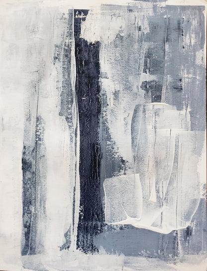 Contemporary abstract painting from the Independence Hexaptych by Carrie Bergey, featuring expressive brushwork in cool blue and white hues for modern wall decor.