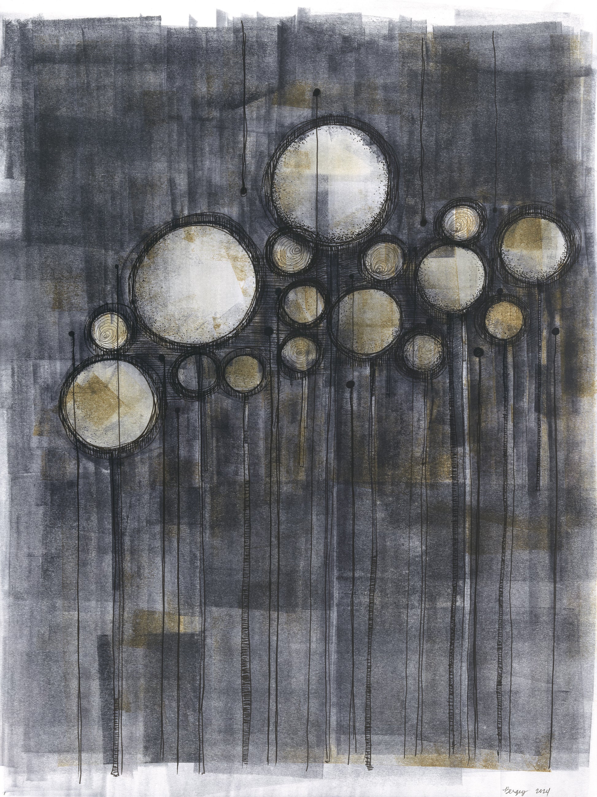 Ink on Paper_01 Original Fine Art Painting by Carrie Bergey features abstract circular forms in acrylic ink on textured dark background, 18x24 inches.