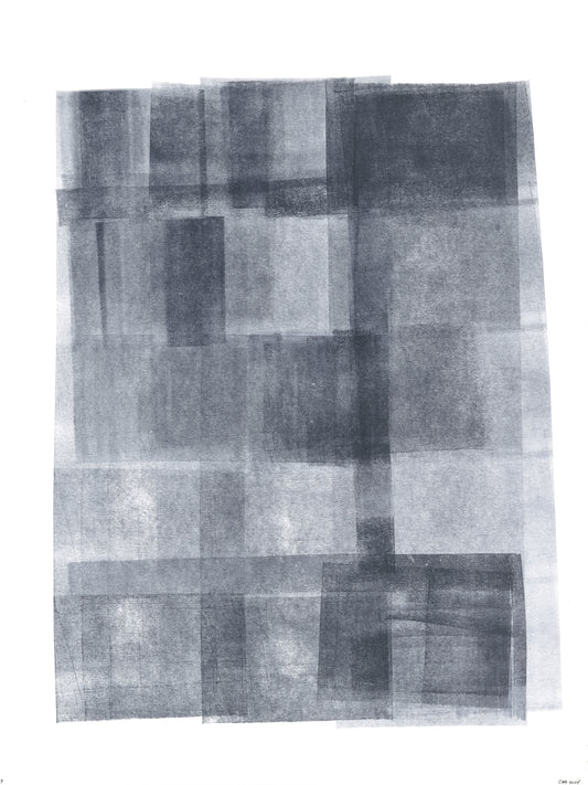 Ink on Paper_07 Original Fine Art Painting by Carrie Bergey features layered black and white geometric forms on 18x24 inch acrylic paper. Ideal for modern home decor.