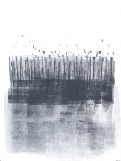 Vertical strokes with scattered dots in grayscale from Ink on Paper 17-22 Original Fine Art Painting Hexaptych Collection, suggesting abstract forest.