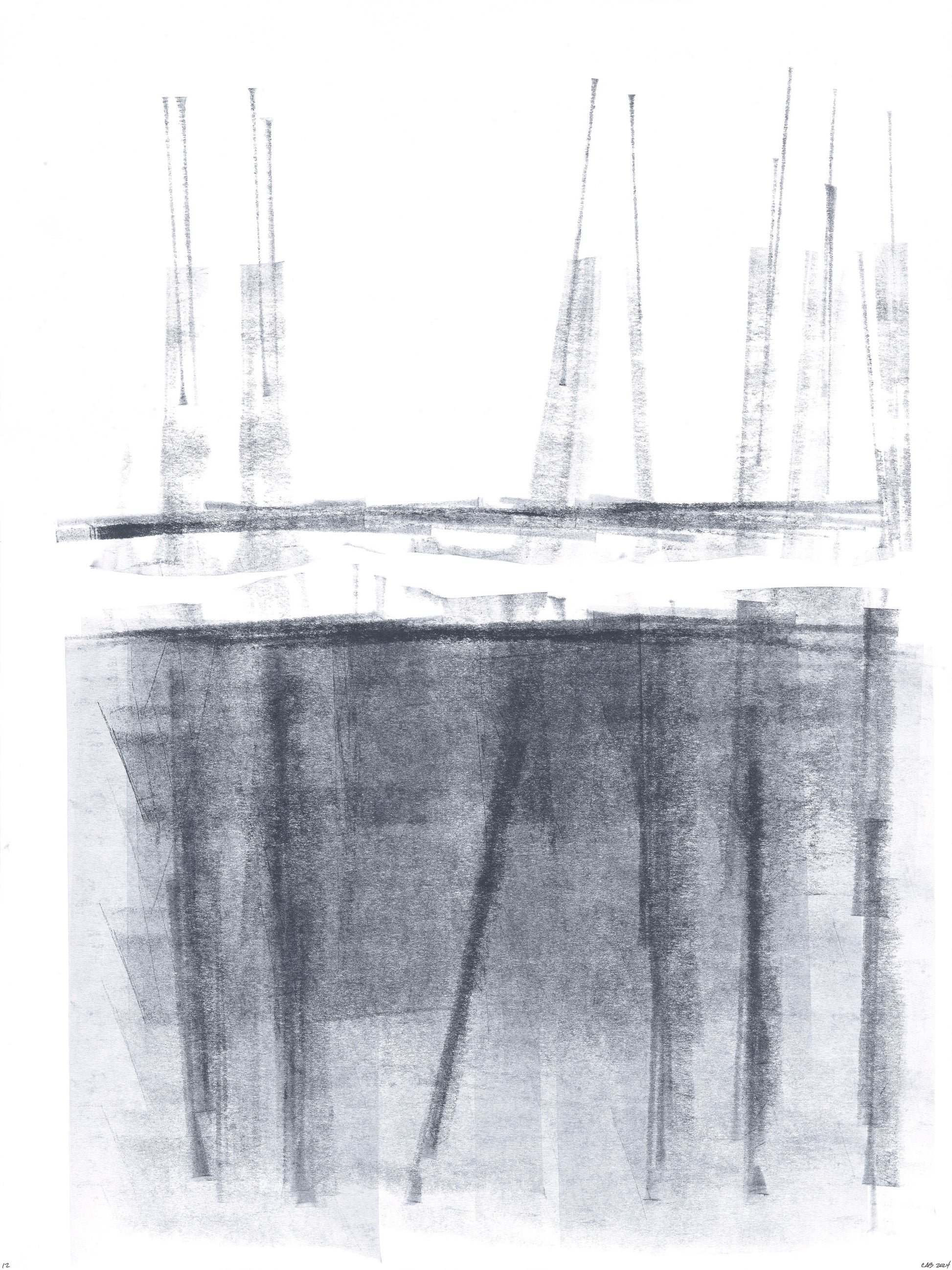 Abstract vertical strokes in grayscale from Ink on Paper 17-22 Original Fine Art Painting Hexaptych Collection, evoking modern architectural forms.