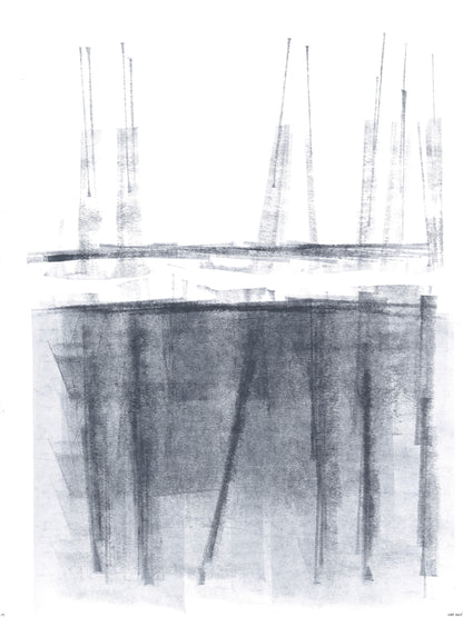 Abstract vertical strokes in grayscale from Ink on Paper 17-22 Original Fine Art Painting Hexaptych Collection, evoking modern architectural forms.