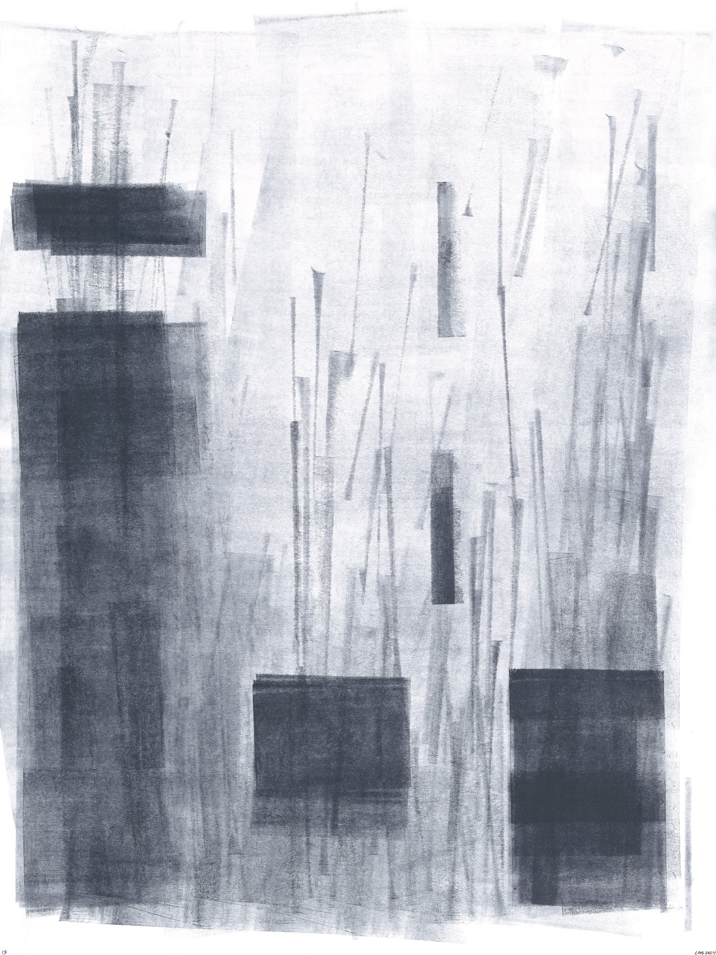 Ink on Paper_13 Original Fine Art Painting by Carrie Bergey features abstract black acrylic ink forms on white paper. Minimalist 18x24 artwork for modern decor.