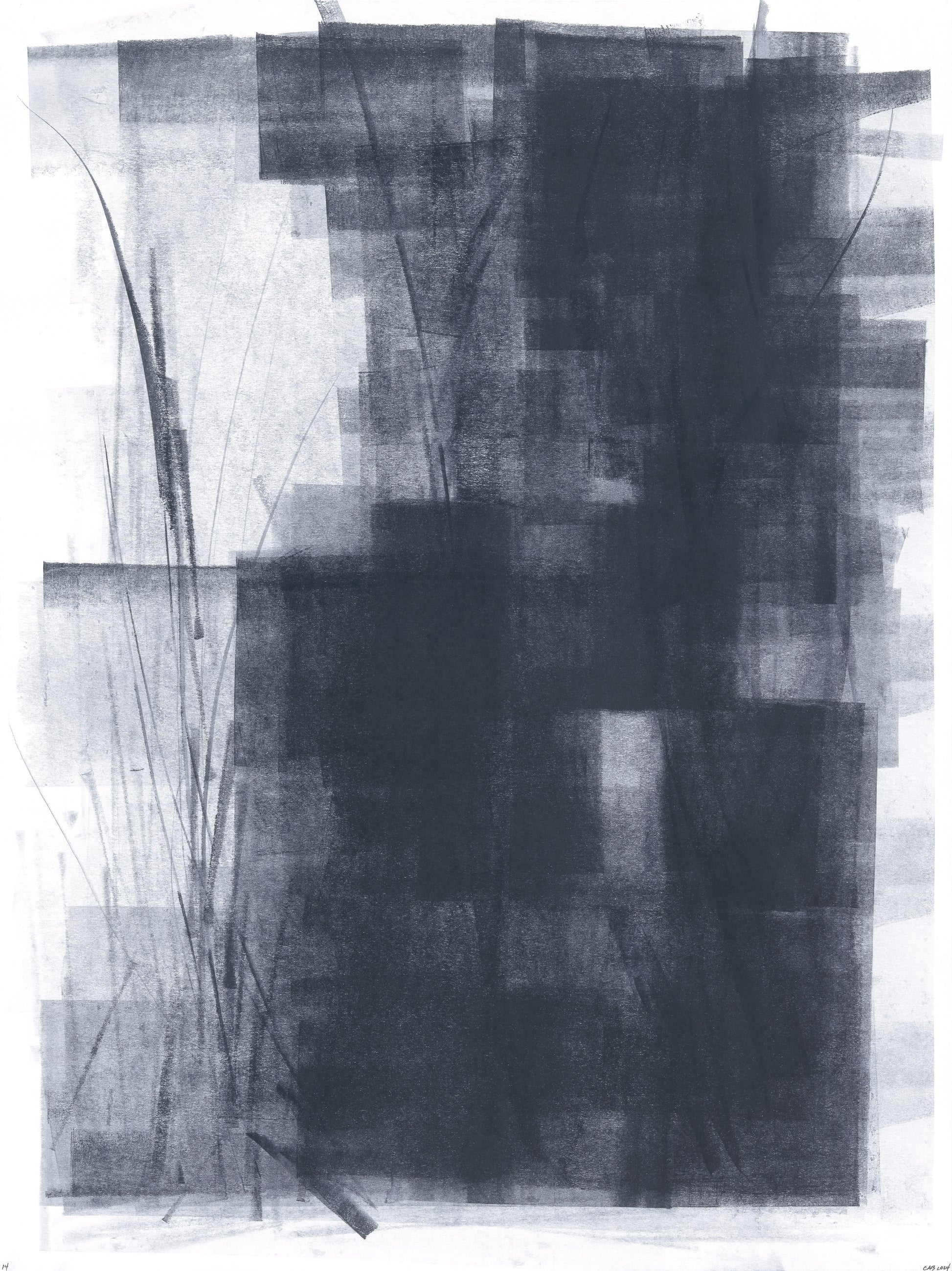 Ink on Paper 14 Original Painting - Art by Carrie Bergey features layered black ink blocks with delicate vertical lines, evoking natural forms. Ideal for modern home decor in the Artwork category.