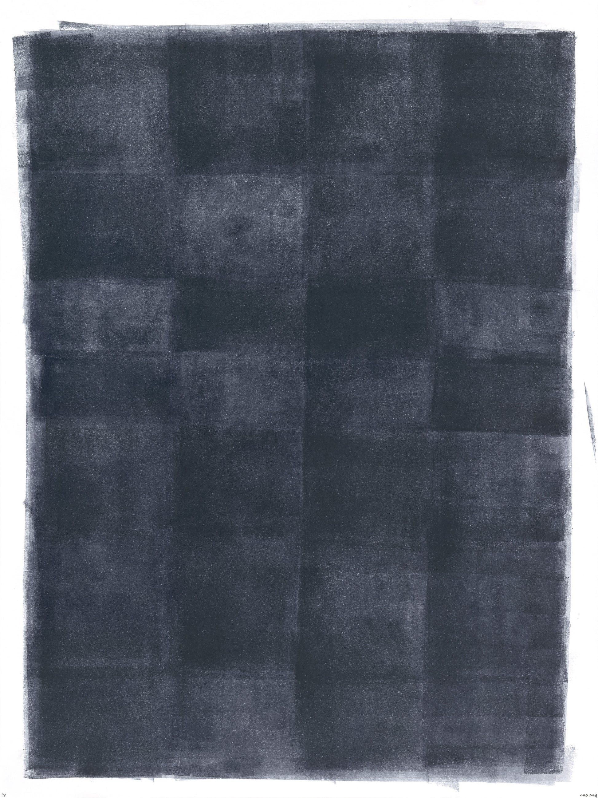 Ink on Paper_16 Original Fine Art Painting by Carrie Bergey features layered black ink blocks on white paper, 18x24 inches, minimalist abstract style.