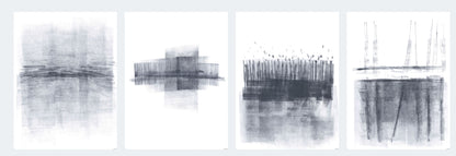 Four-panel layout of Ink on Paper 17-22 Original Fine Art Painting Hexaptych Collection, showcasing minimalist abstract ink compositions.