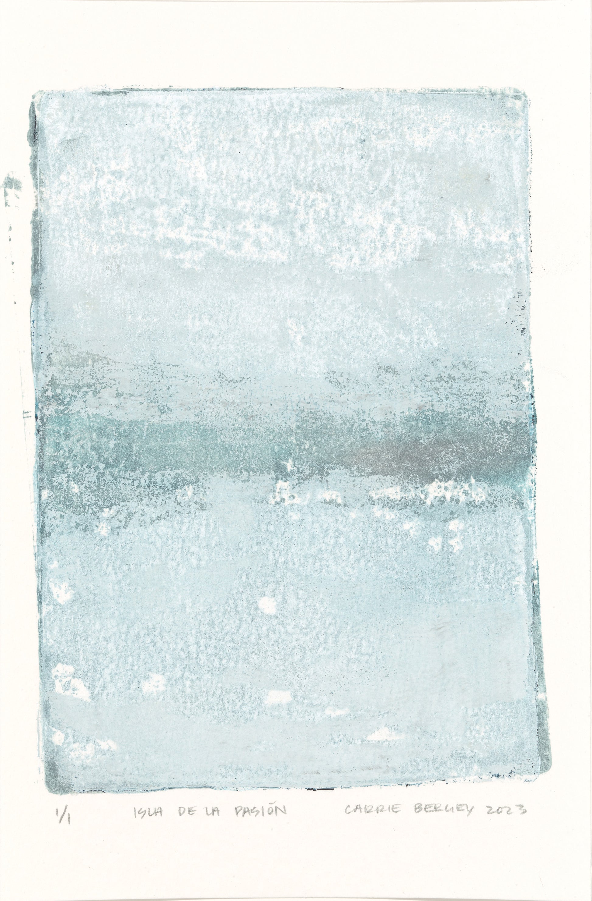 Soft pastel-toned monoprint from Isla De La Pasion Art Collection by Carrie Bergey, featuring subtle textures and layered acrylics.