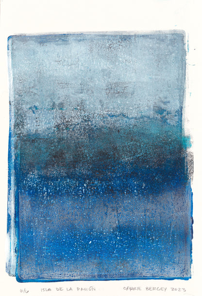 Deep blue and textured Isla De La Pasion monoprint by Carrie Bergey, part of a fine art hexaptych collection for modern interiors.