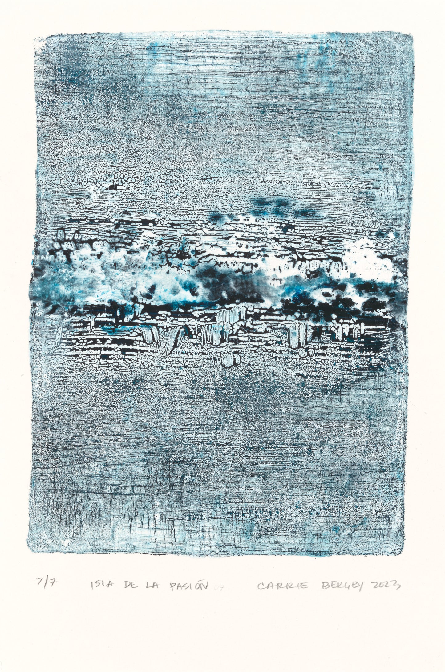 Isla De La Pasion-07 Original Fine Art Monoprint by Carrie Bergey features abstract blue and black acrylic textures on paper. Ideal for modern home decor.