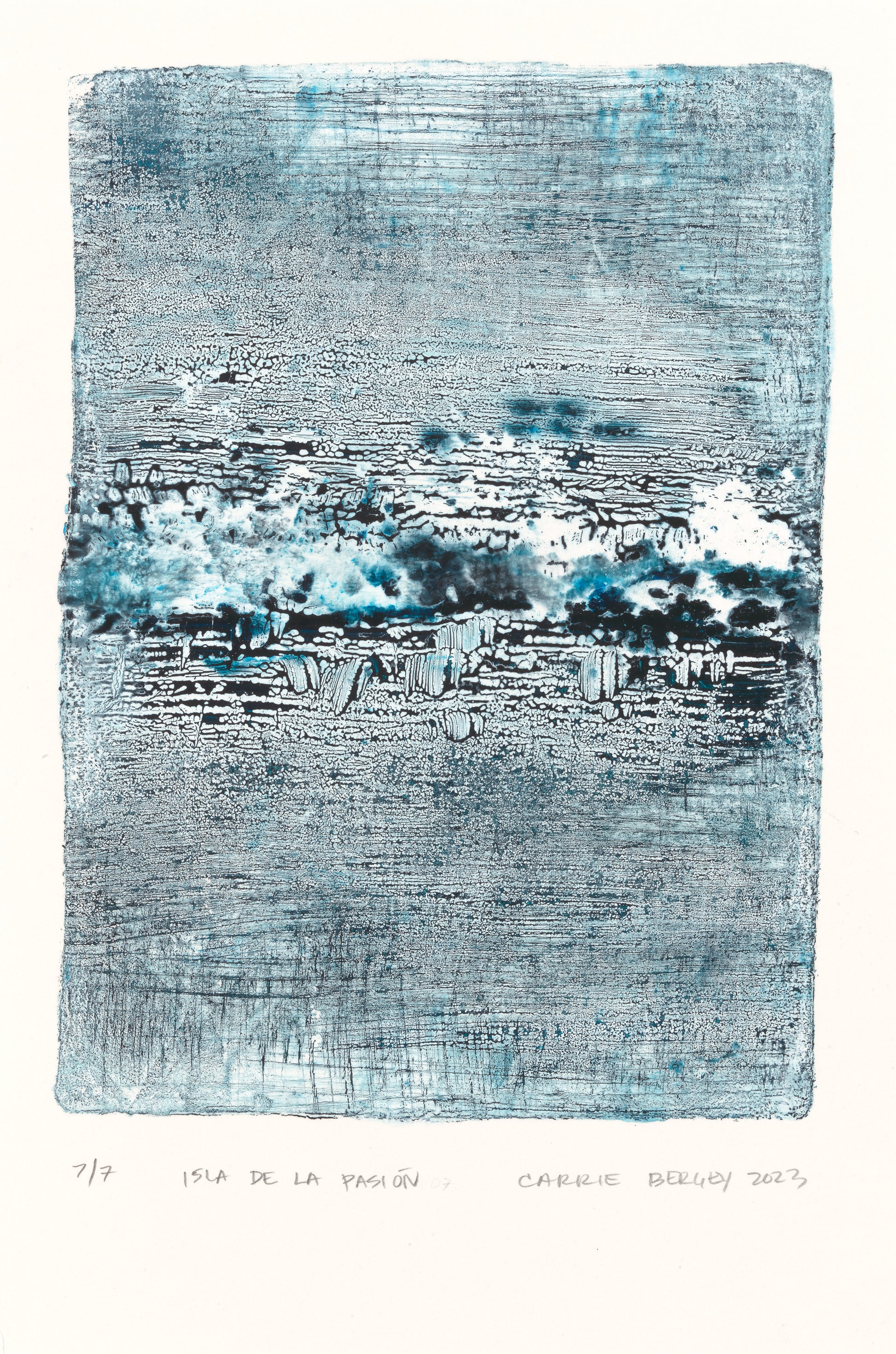 Isla De La Pasion-07 Original Fine Art Monoprint by Carrie Bergey features abstract blue and black acrylic textures on paper. Ideal for modern home decor.
